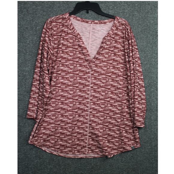 LL Bean Streamside T Shirt Womens XL Red Pattern Split Neck Stretch - Picture 1 of 4